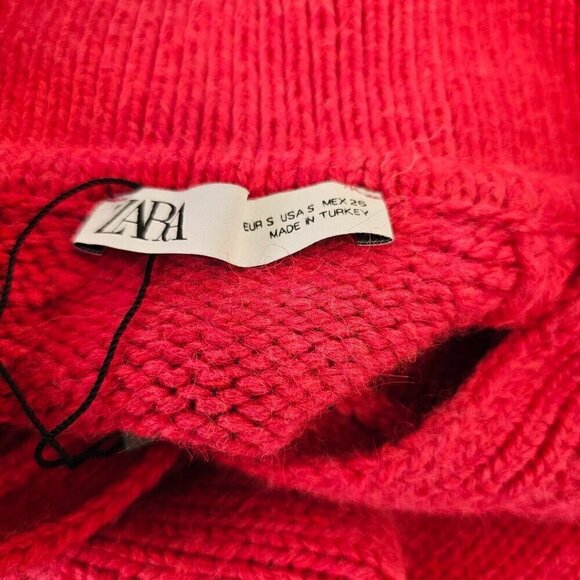 Zara Pink Cropped Cable Knit Sweater V Neck Collared Long Slv Womens XS Pink NEW - Picture 4 of 7
